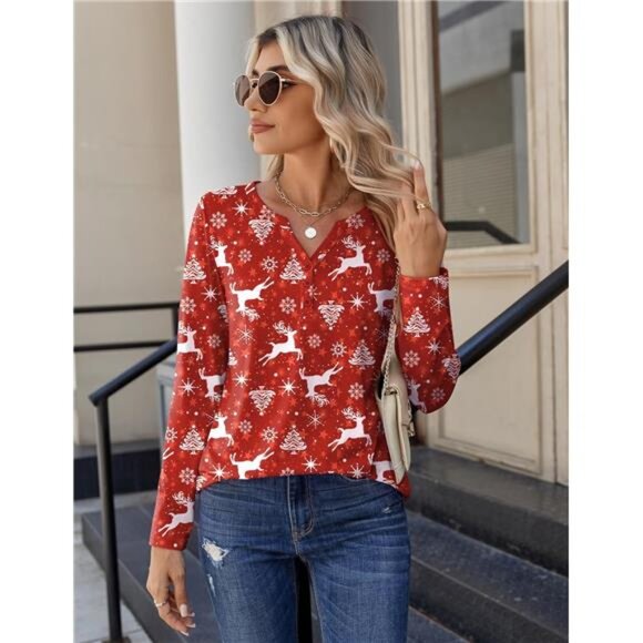 V-Neck Henley Long Sleeve Top | Flowy Casual & Dressy Blouse - Picture 2 of 6